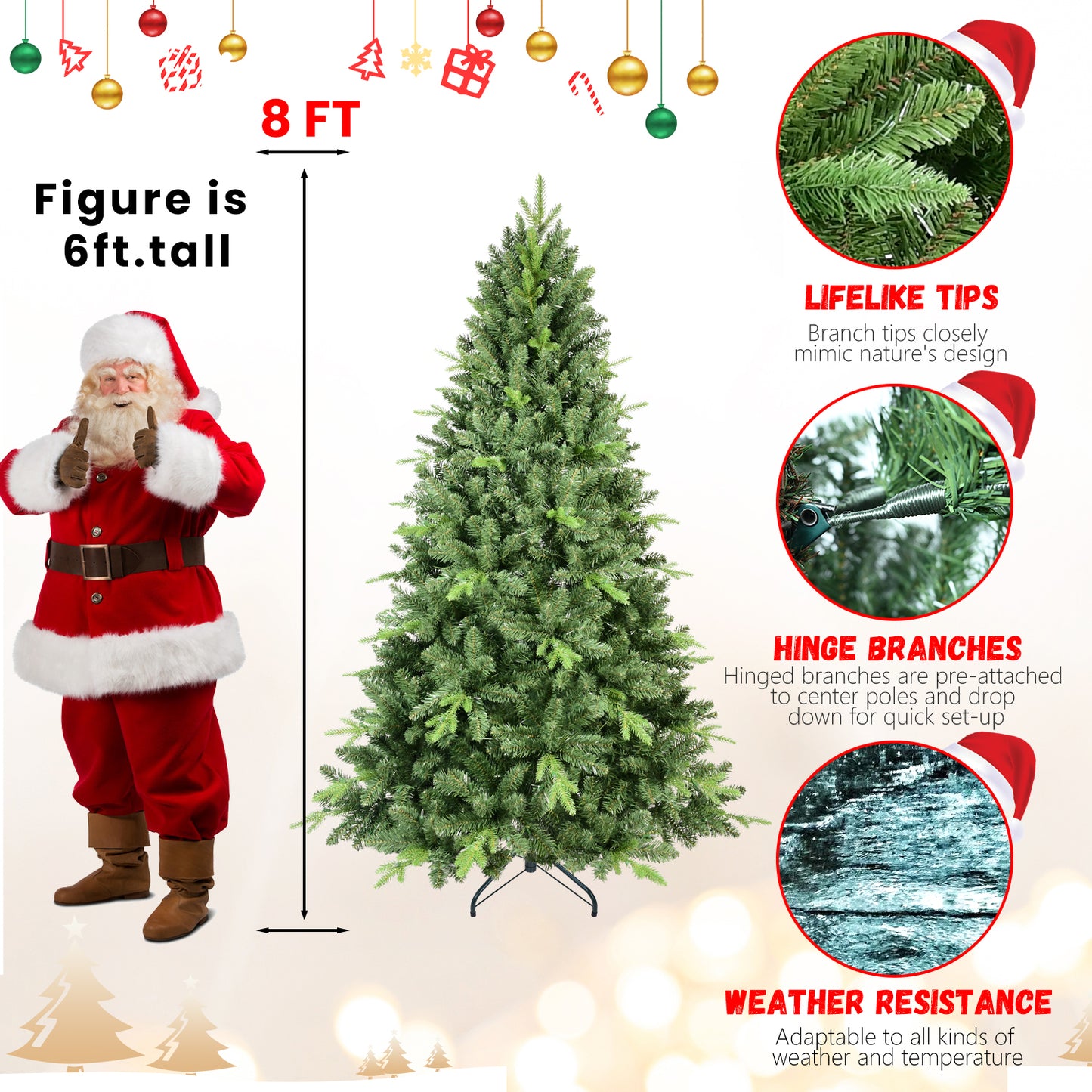 8FT Artificial Christmas Tree with 2535 PE&PVC Mixed Branch Tips, Unlit Hinged Premium Spruce Fake Xmas Trees, Hinged Branch & Foldable Base, Green