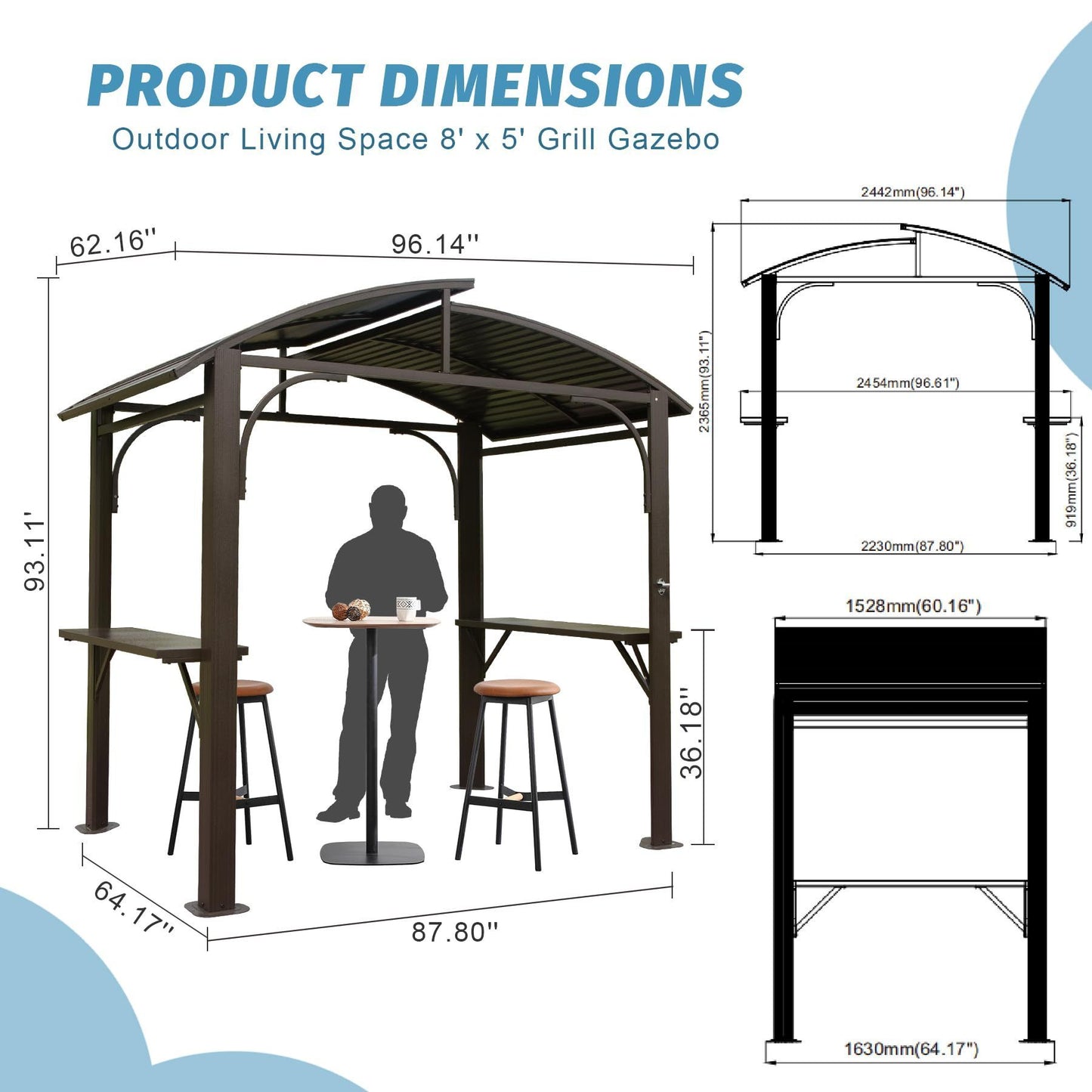 8x5FT  Arc Roof, Grill Canopy for Outdoor Grill w/Double Galvanized Steel Roof and 2 Side Shelves, BBQ Gazebo Grill Tent for Patio Garden Backyard, Brown