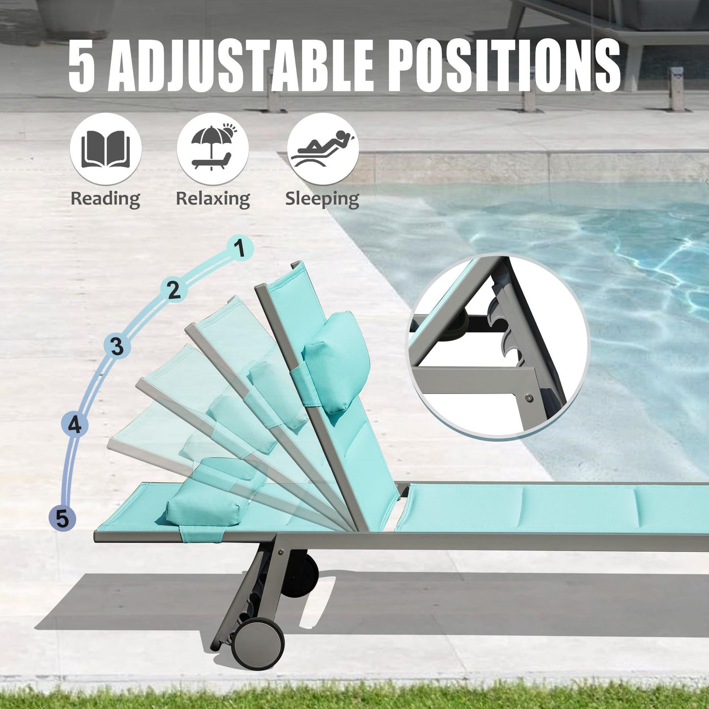 [SantaChoice] Outdoor Patio Chaise Lounge Set of 3, Aluminum Pool Lounge Chairs with and Wheels, Textilene Padded Adjustable Recliner All Weather for Poolside, Beach, Yard, Balcony (Lake Blue)