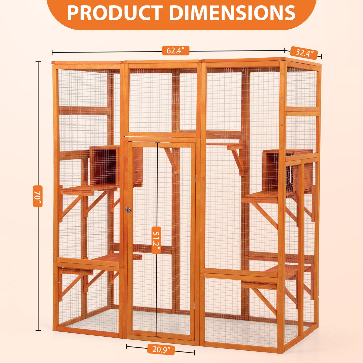 Large Cat Enclosure with 5 Perches, 2 Condos and 1 Lockable Door, Orange