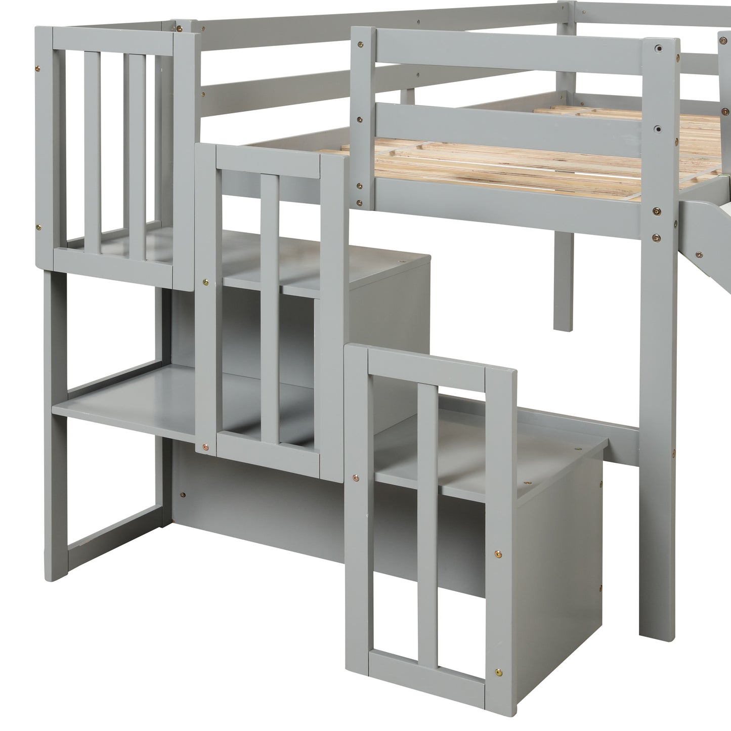 Loft Bed with Staircase, Storage, Slide, Twin size, Full-length Safety Guardrails, No Box Spring Needed, Grey (Old Sku:W504S00005)