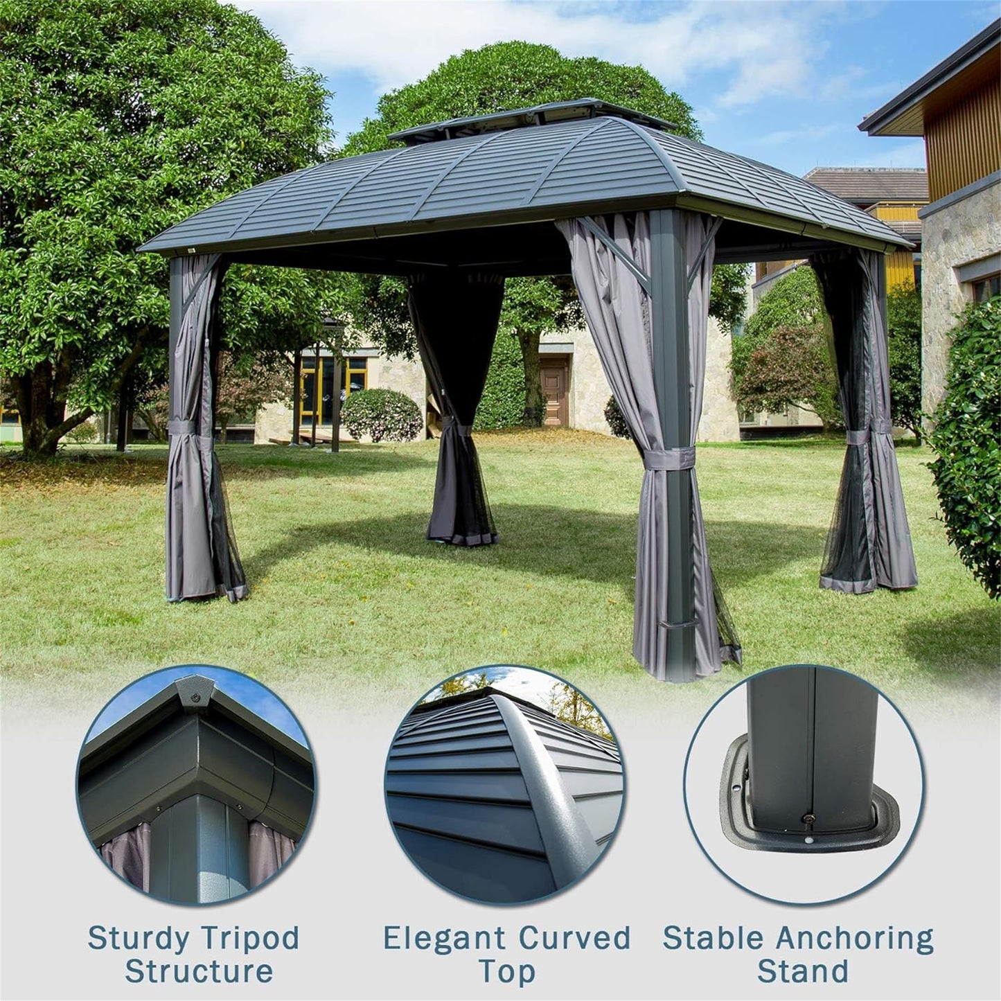 Outdoor Gazebo 10'x12', Permanent Hardtop Gazebo with Aluminum Frame for Patios Deck Backyard, Galvanized Steel Double Roof, Curtains and Netting for Lawns, Garden, Poolside