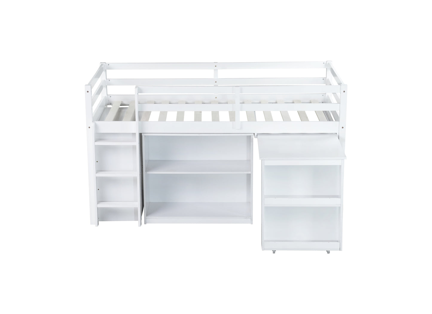 Twin Loft Bed w. stroage case ,drawers,Twin Loft Bed with ,Drawer Cabinet, Shelf Cabinet and Pulling -Out Desk,Rubber Wood Loft Bed with Safety Guardrail ,Ladder,White