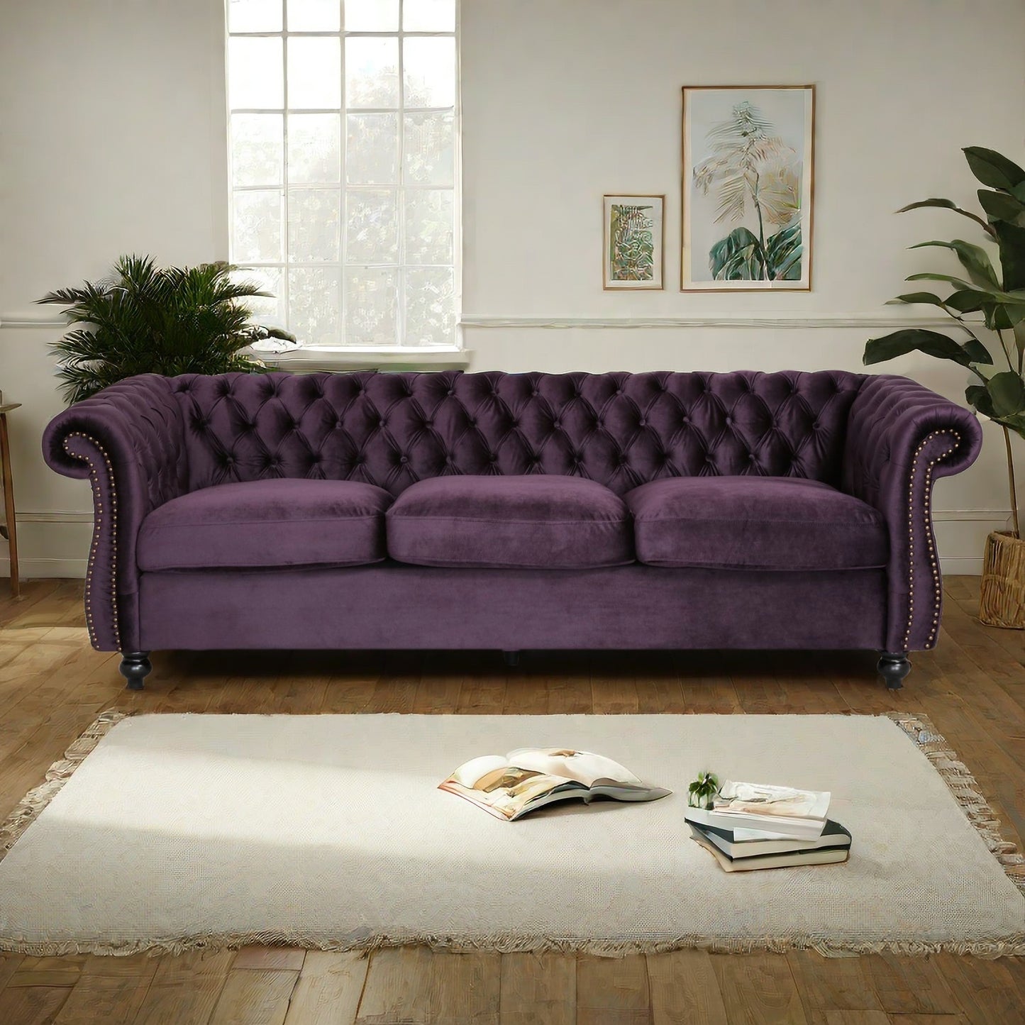 [SantaChoice] Luxurious 3-Seater Purple Velvet Sofa, Featuring a Classic Design with Modern Elegance, Perfect for Adding Sophistication and Style to Any Living Room, Plush Comfort and Durable Craftsmanship