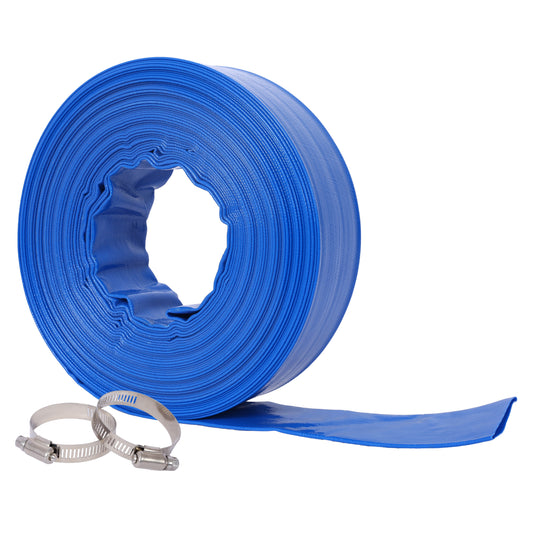 1-1/2'(Flat 2.6') widthx 100 FT Pool Backwash Hose, Blue Heavy Duty Reinforced PVC Lay Flat Water Discharge Hose for Swimming Pool Filter Pump,with 2 Clamp