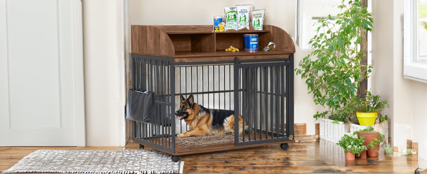 GO 44'' Heavy Duty Large Dog Crate Furniture for Large Medium Dog with Lockable Wheels, Wooden Dog Crate Dog Kennel, End Table Crate with Double layer storage, Brown