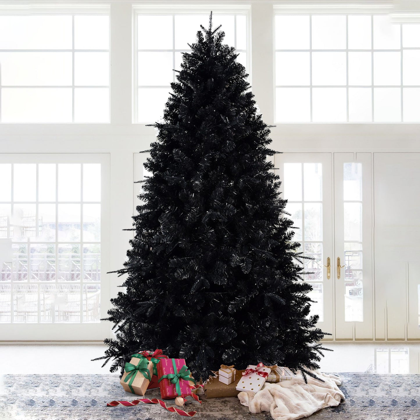 7.5ft Pre-Lit Black Christmas Tree, Full Halloween Xmas Artificial Tree 2156 Branch Tips, 500 Lights, Metal Hinges, Foldable Base, Holiday Decoration - Black