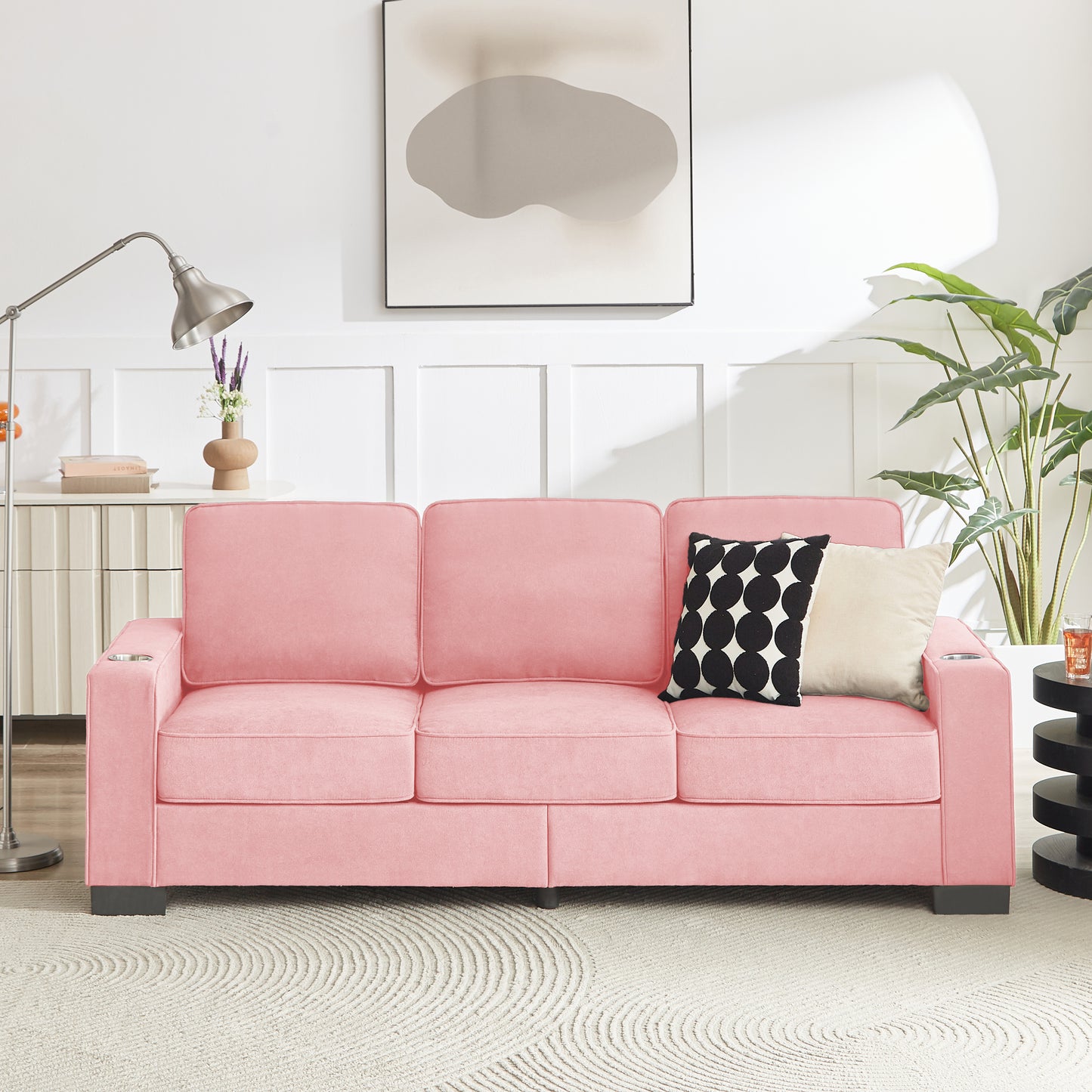 83.86" Snowfleece Fabric sofa,Modern Compressed Couch,3-Seater Sofa, Furniture for Living Room,Bedroom,office ,Pink