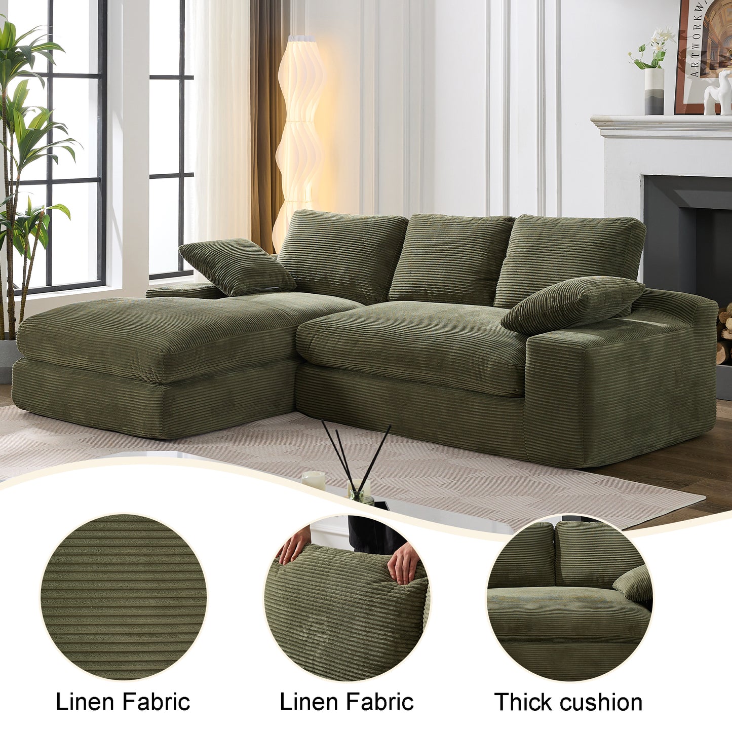 [SantaChoice] 99*69" Modular Sectional Living Room Sofa Set, Modern Minimalist Style Couch, Upholstered Sleeper Sofa for Living Room, Bedroom, 2 PC Free Combination, Installation-free Sofa, L-Shape, Army Green