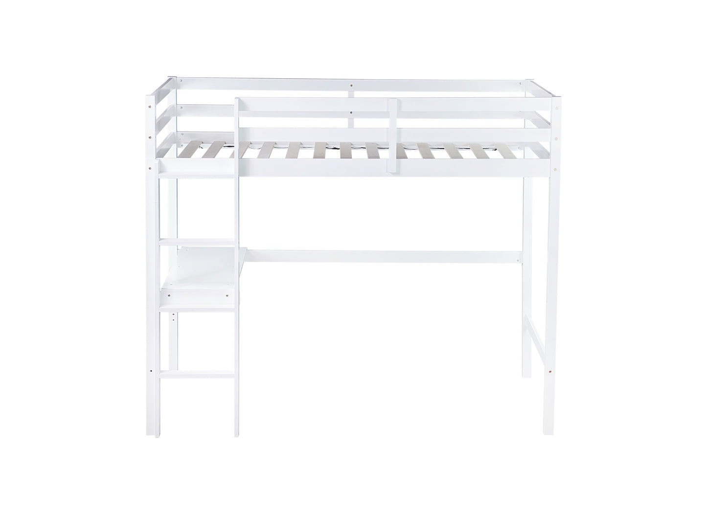 Twin High Loft Bed, Rubber Wood  Loft Bed with Safety Guardrail, built-in desk, ladder,White