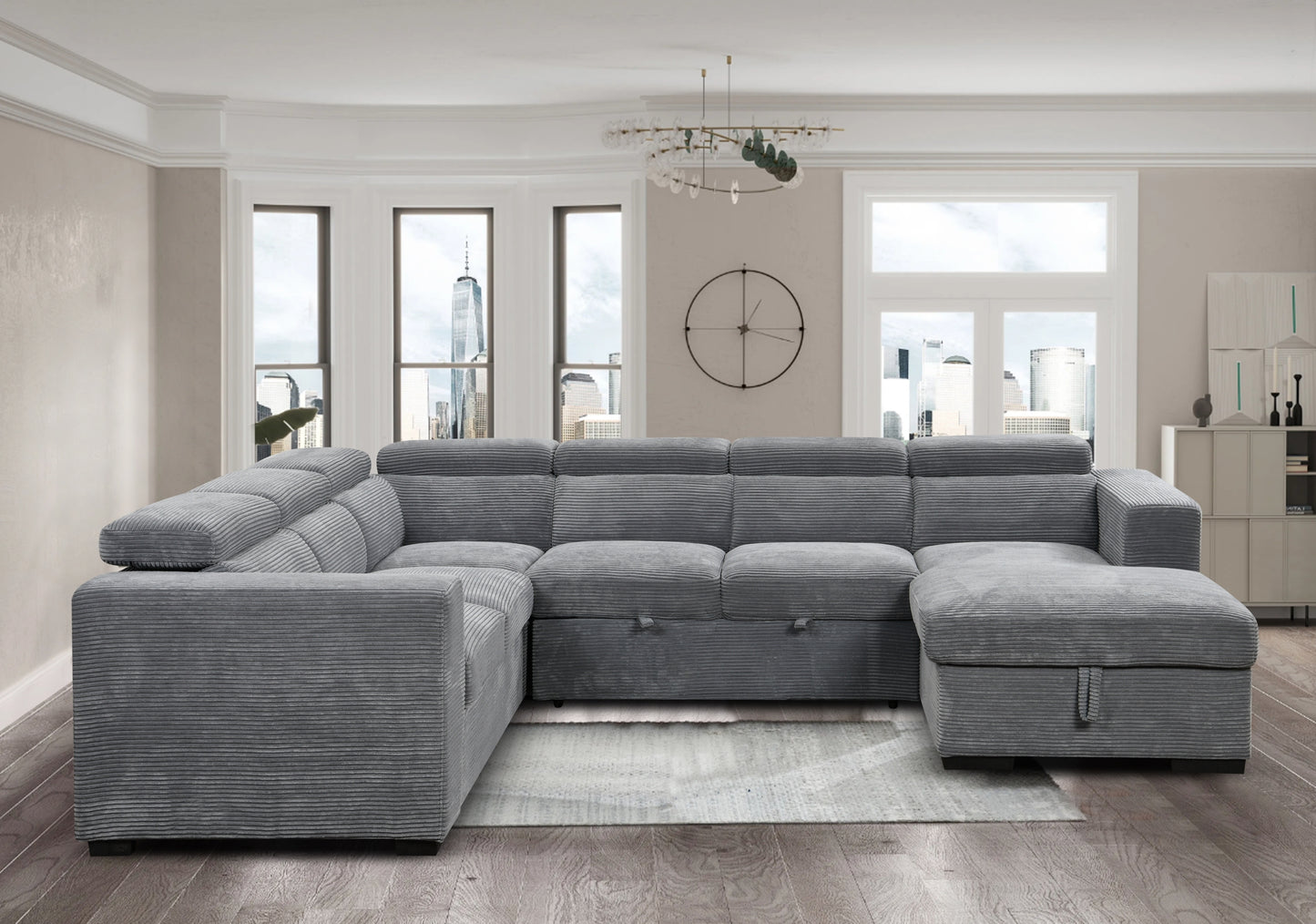 [SantaChoice] 123" Oversized Modern U-Shaped 7-seat Sectional Sofa Couch with Adjustable Headrest, Sofa Bed with Storage Chaise,Pull Out Couch Bed for Living Room ,Dark Gray