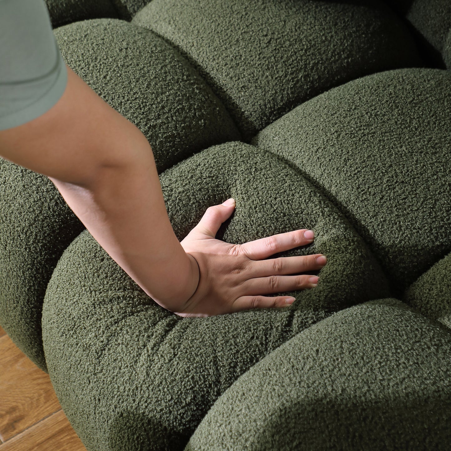 64.96 length ,35.83" deepth ,human body structure for USA people,  marshmallow sofa,boucle sofa ,2  seater, olive green  BOUCLE