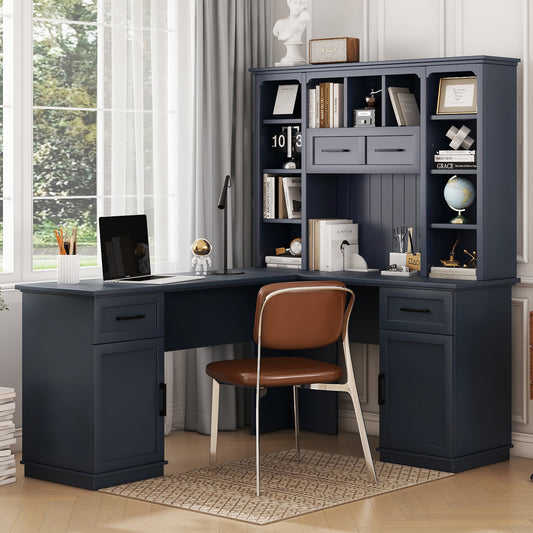 L-shaped computer desk with 2 cabinets and 2 drawers underneath the table, 11 open shelves and a flip-up shelf with storage on the right side, suitable for study, living room and office, Antique Blue