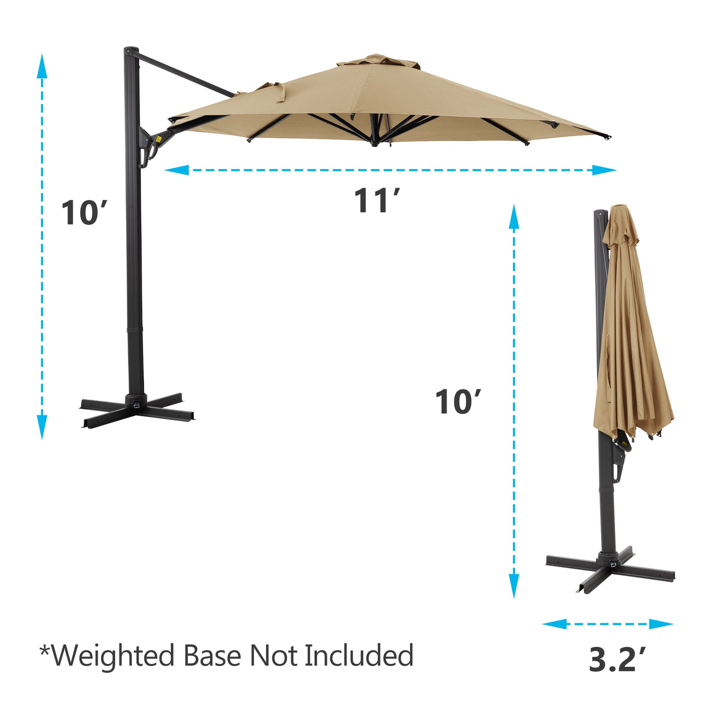 10 FT Cantilever Patio Umbrella with 360° Rotation & Tilt Adjustment, Square Outdoor Offset Umbrella with Aluminum Pole without base- Khaki