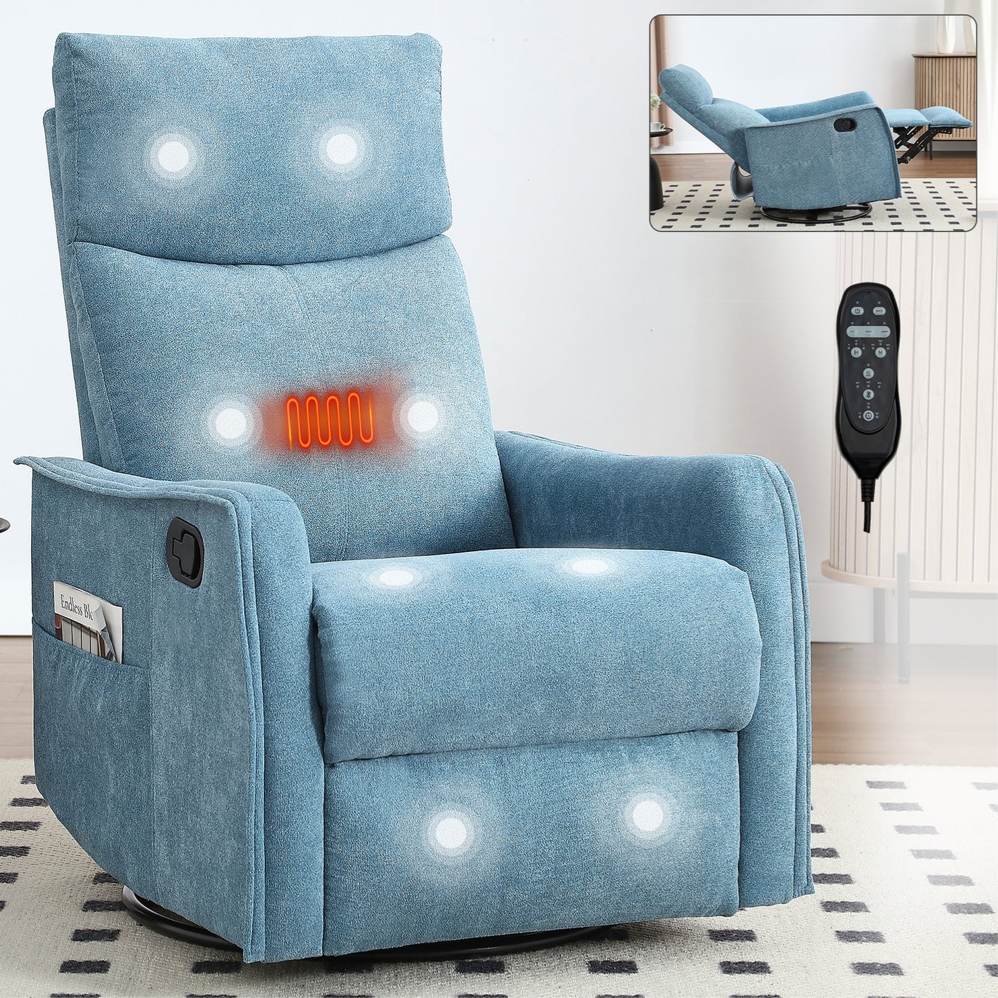 Heat Massage Manual Recliner Chair with Rocker and Swivel in Fabric for Living Room, Blue