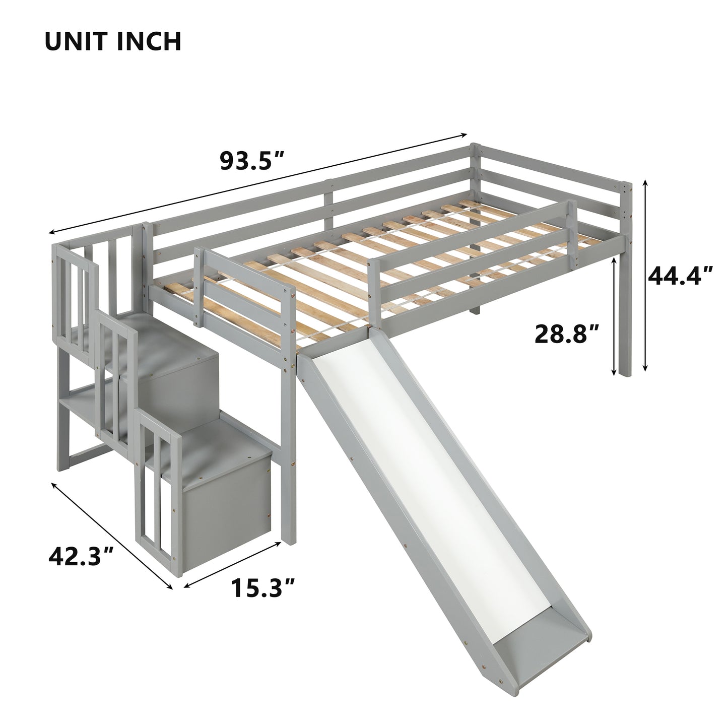 Loft Bed with Staircase, Storage, Slide, Twin size, Full-length Safety Guardrails, No Box Spring Needed, Grey (Old Sku:W504S00005)