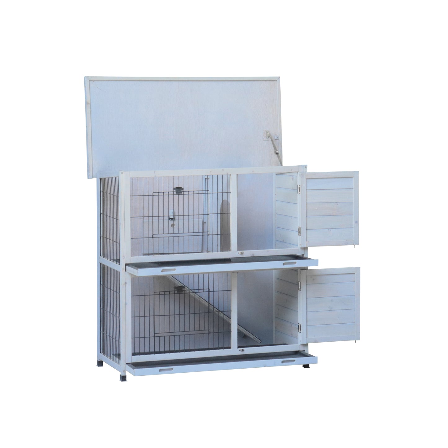 Rabbit Hutch Outdoor, 2-Story Rabbit Cage Indoor with Run, Bunny Cage with 2 Removable No-Leak Trays, Pet Cages with Non-Slip Ramp, Waterproof Roof, Fence, for Small Animals