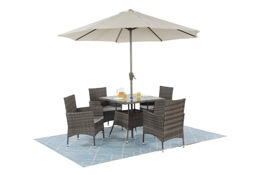 5-Pieces PE Rattan Wicker Patio Dining Set with Grey Cushions