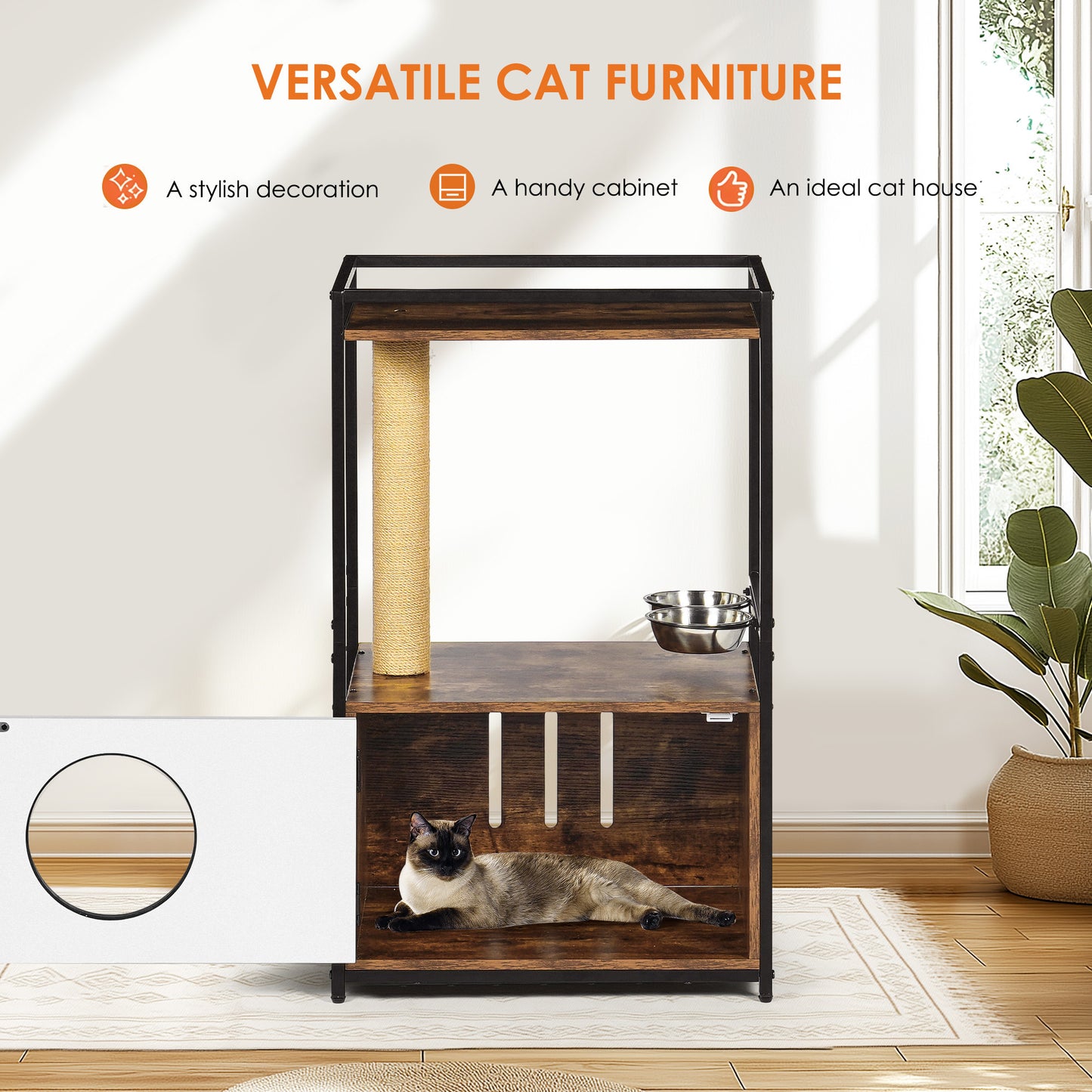 Cat tree with feeding station Cat Condo with Scratching Posts, Small Cat Tree for Indoor Cats with Food Station, Furniture Style Cat House, Indoor Multifunctional Cat Furniture,White+Vintage