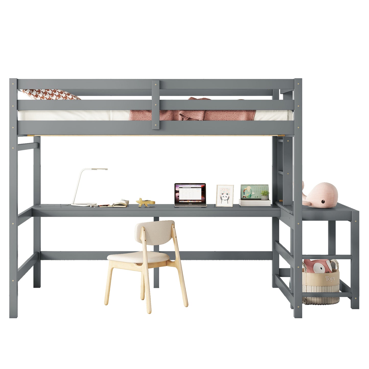 Full Size High Loft Bed with Built-in Desk, Ladder Platform, Ladders, Guardrails ,Grey