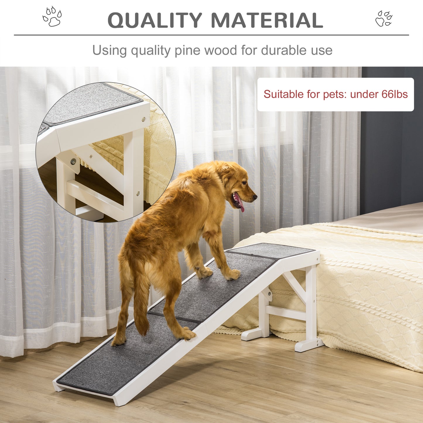 PawHut Dog Ramp for Bed, Pet Ramp for Dogs with Non-Slip Carpet and Top Platform, 60" x 16" x 20", White