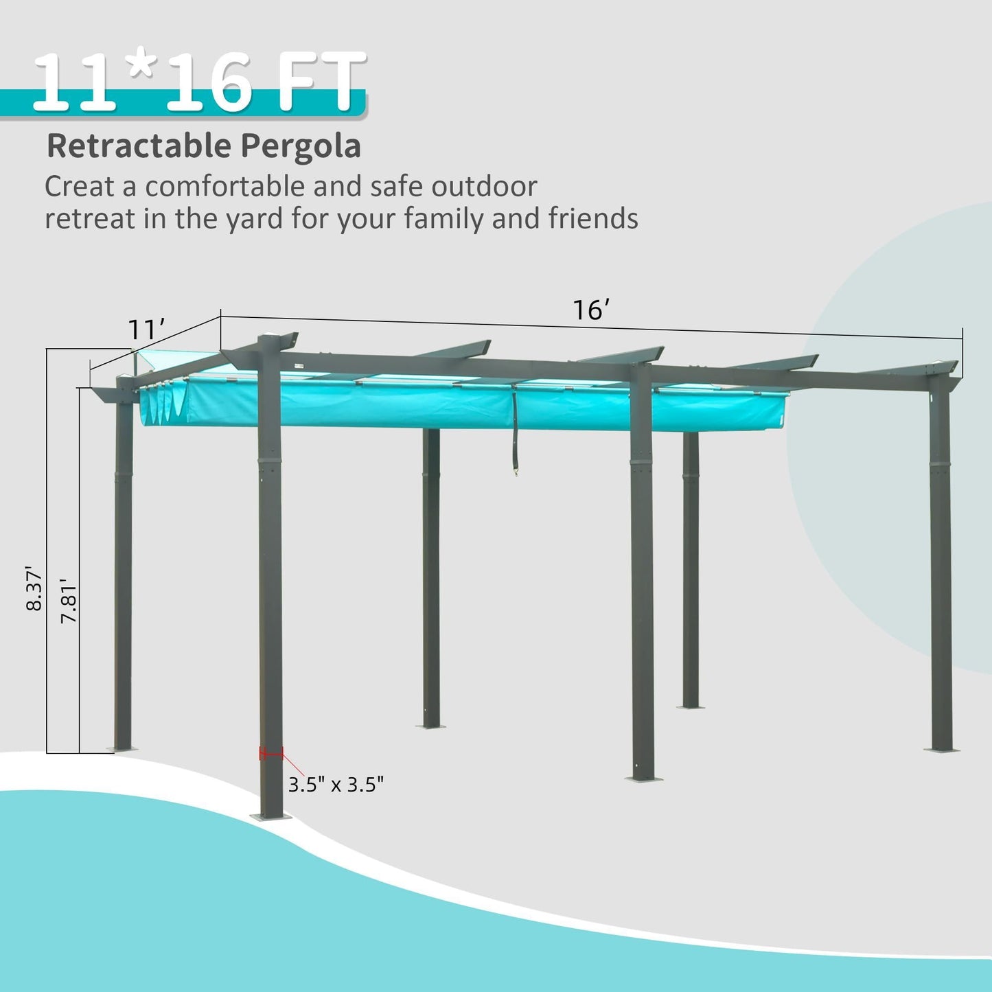 11 X 16 FT Outdoor Living Outdoor Retractable Pergola with Weather-Resistant Canopy Aluminum Garden Pergola Patio Grill Gazebo for Courtyard -Lake Blue