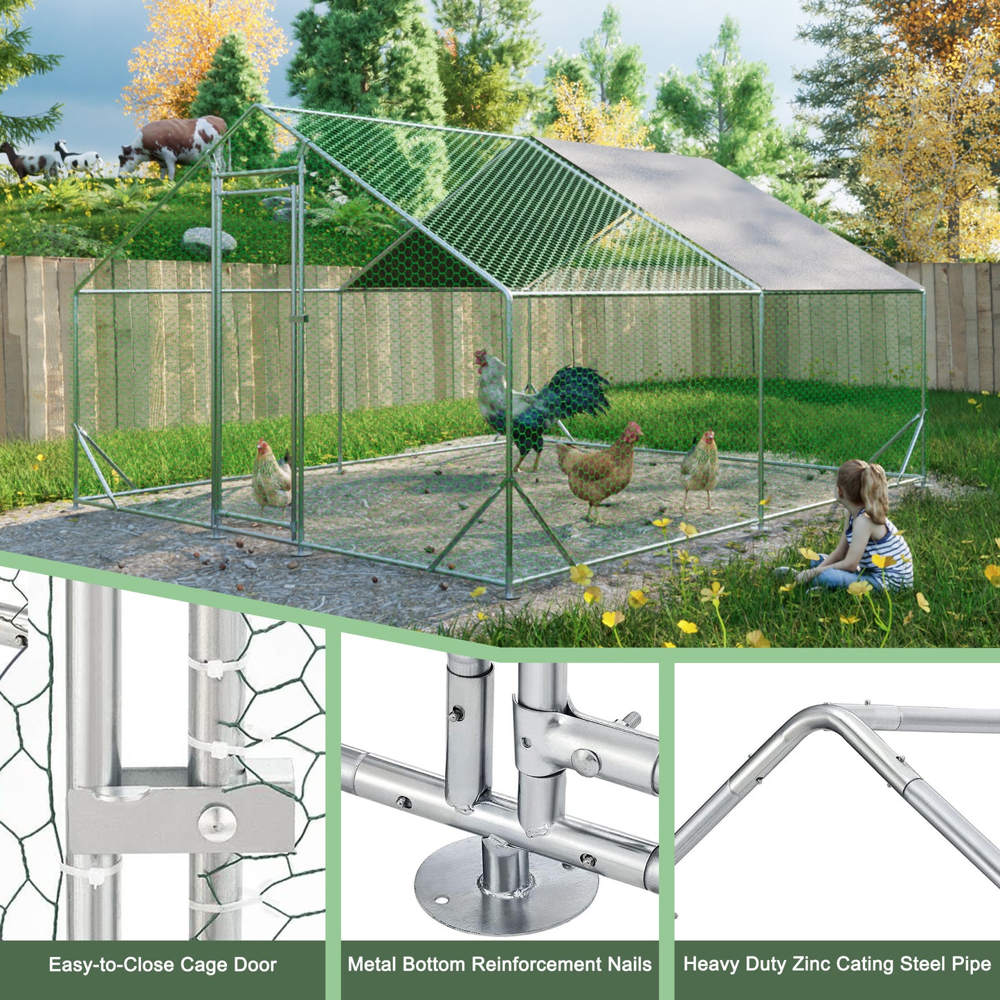 Large Metal Chicken Coop, Walk-in Chicken Run,Galvanized Wire Poultry Chicken Hen Pen Cage, Rabbits Duck Cages with Waterproof and Anti-Ultraviolet Cover for Outside(10' L x 13 W x 6.56' H)