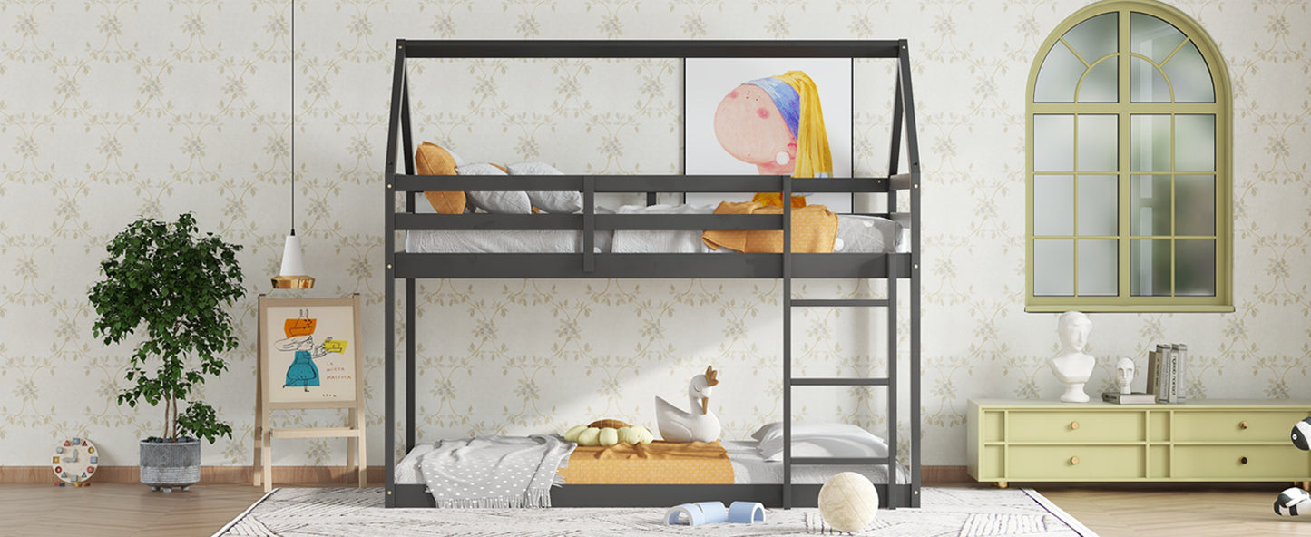 Twin over Twin Rubber Wood Floor Bunk Bed, with ladder,Guardrails,House-Shaped-Bunk Bed, Black