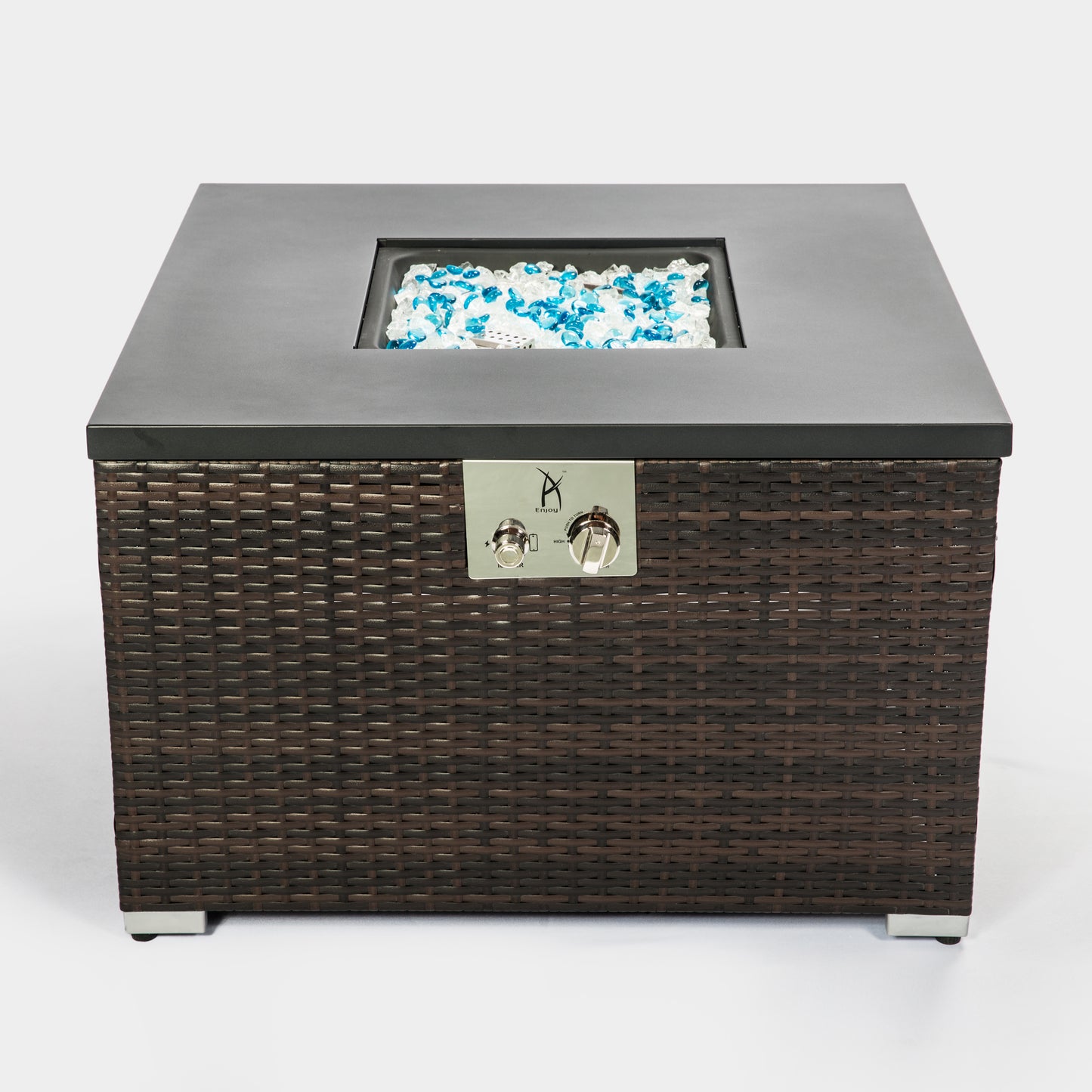 Outdoor Gas Fire Pit  Square Dark Brown Wicker Fire Pit Table Propane Fire Table with Glass Rocks