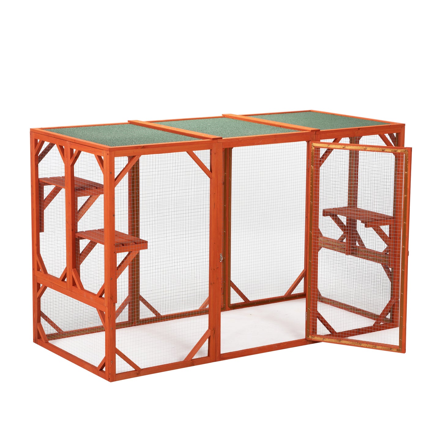 Wooden Cat House, Outdoor Cat Cage with Water-proof Asphalt Planks and Cat Perches, Orange