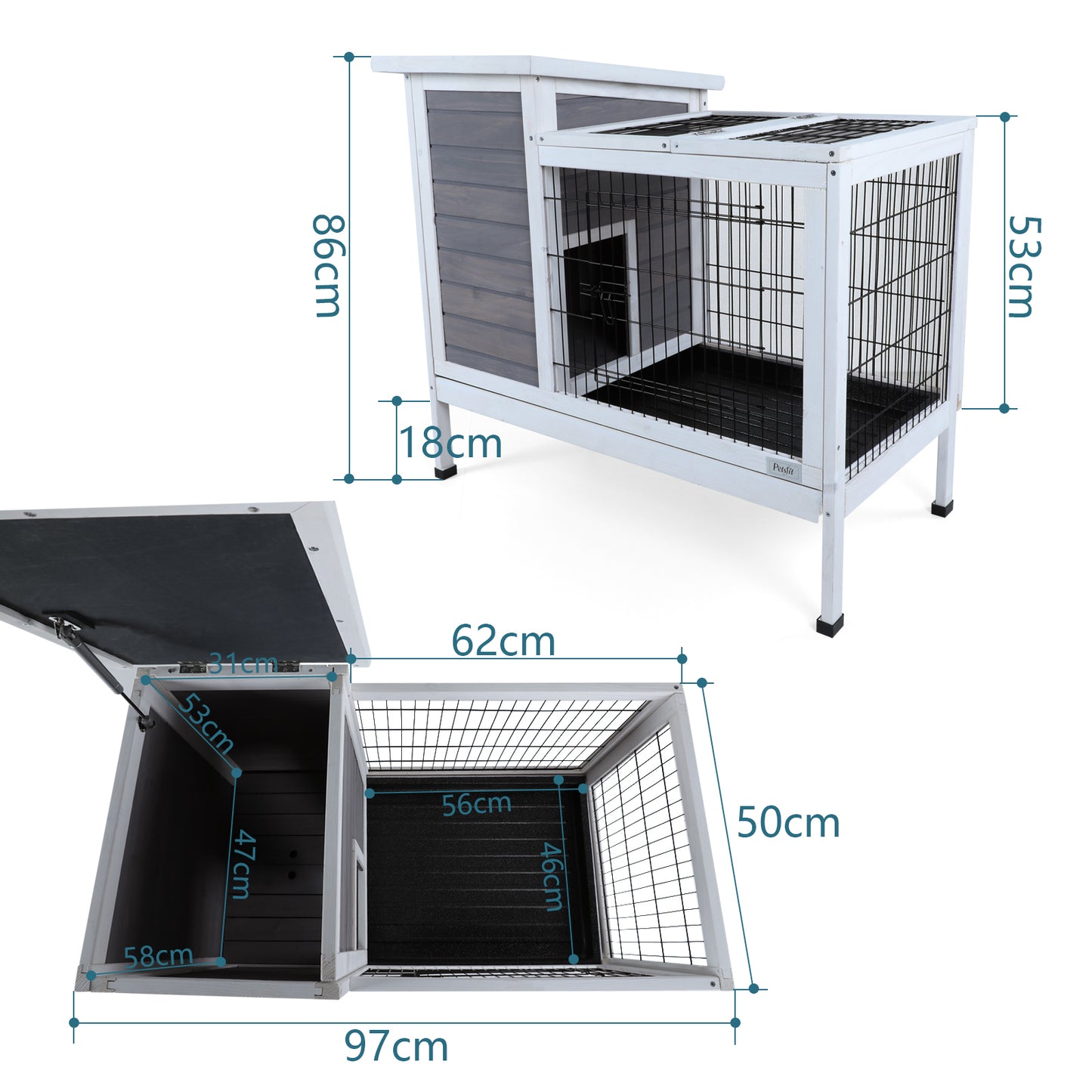 Two-Tier Wooden  Rabbit Cage Outdoor Indoor for Small Animals with Runway and Leak-Proof Plastic Tray,Grey