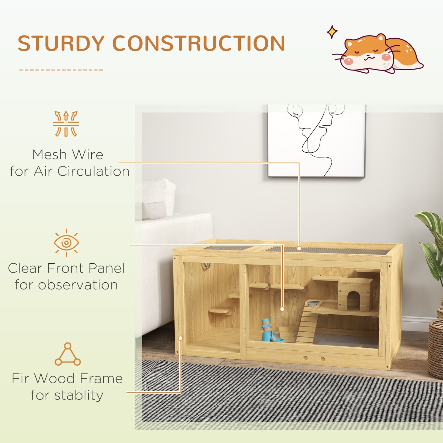 PawHut Wooden Hamster Cage, Extra Large Gerbil Cage, Multi-Layer Small Animal Cage for Dwarf Hamster, Activity Center with Pull-out Tray, Seesaws, Water Bottle, Ladder, Openable Top