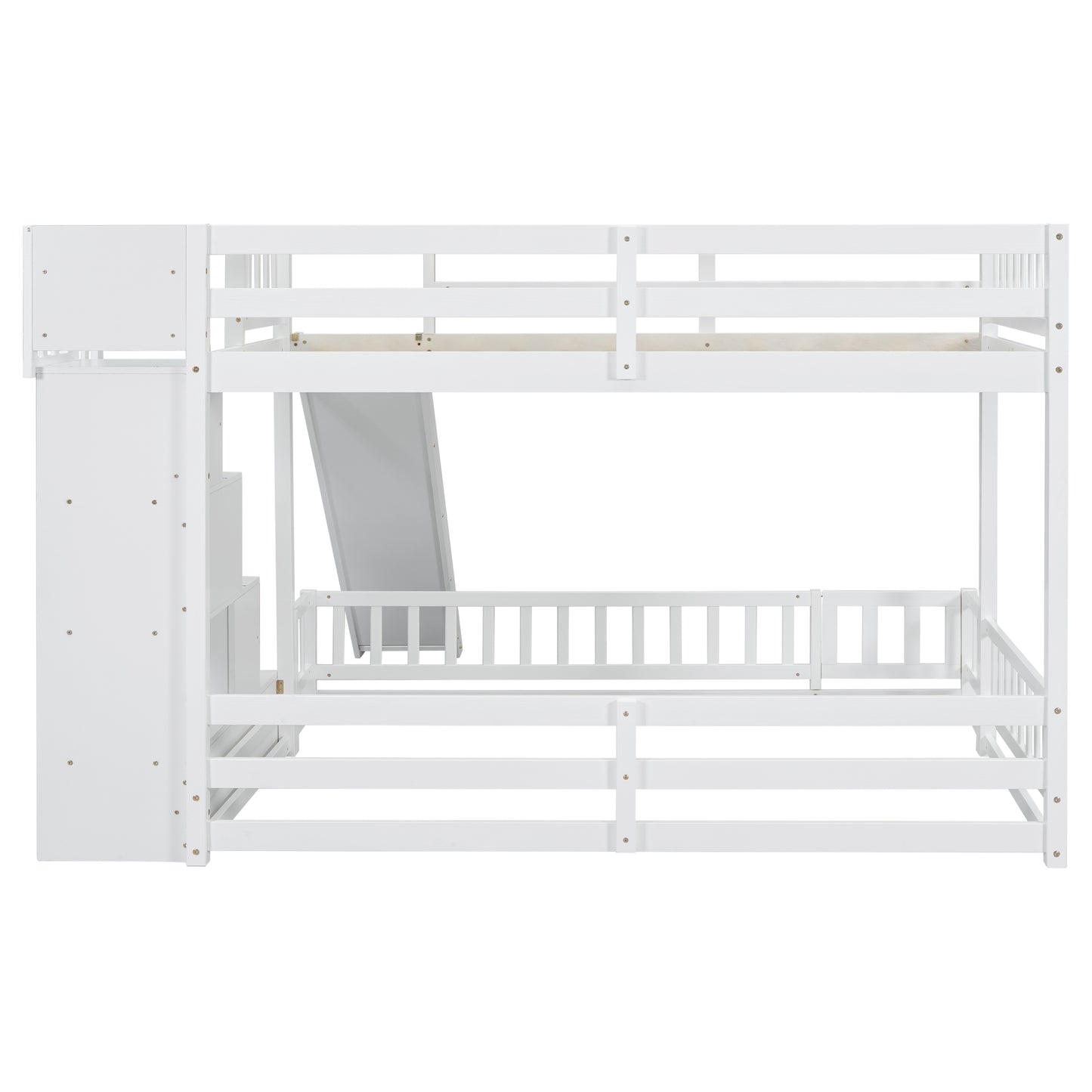 Twin Over Full Bunk Bed with Slide, Storage Staircase, Pine Solid Wooden Bunk Bed with Safety Guardrails,White