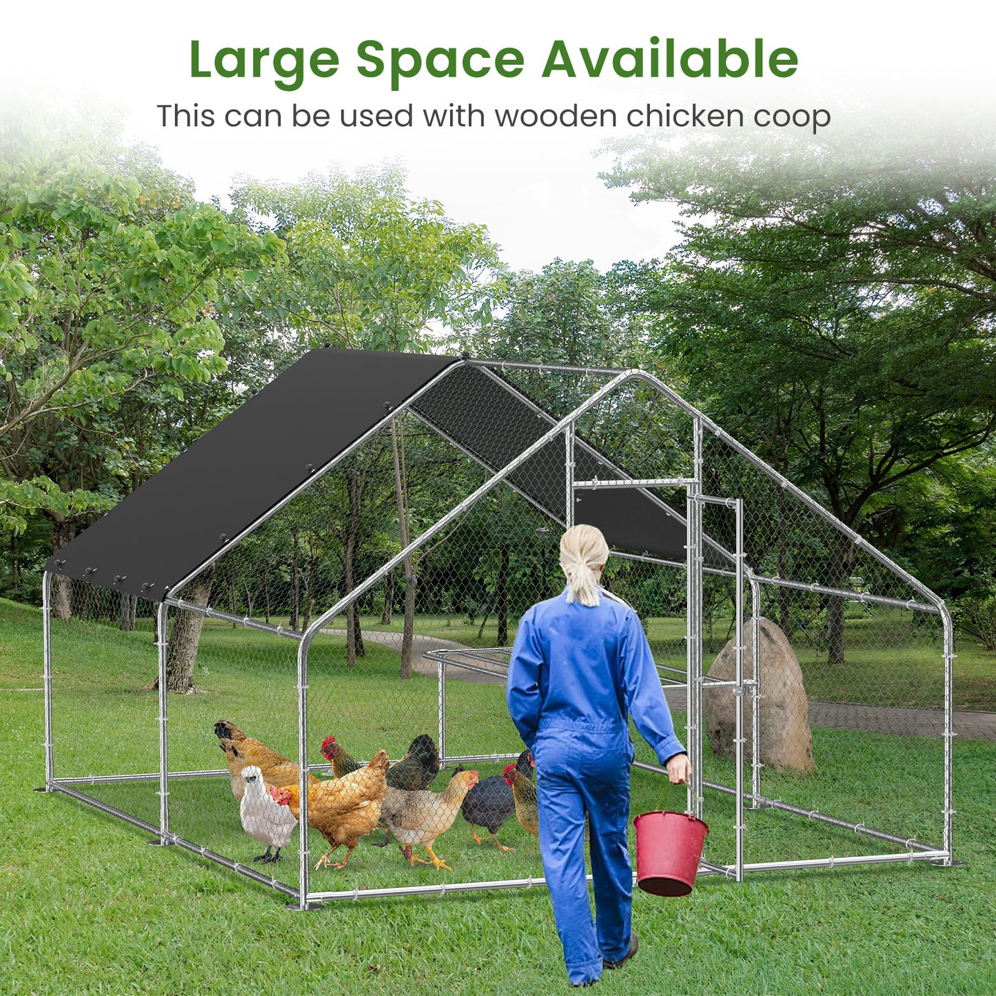 Large metal chicken coop, walk-in chicken coop, galvanized wire poultry chicken coop, rabbit duck coop with waterproof and UV protection cover for outdoor, backyard and farm. 9.8' W x 13.1' L x 6.6' H