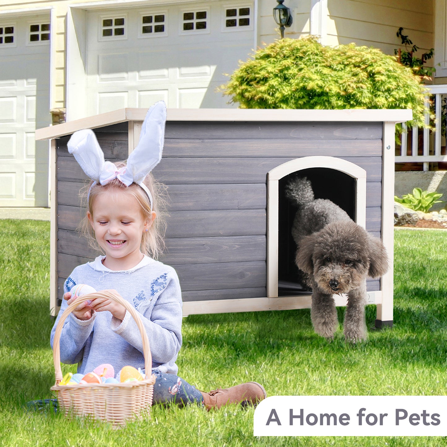 Small Wooden Outdoor Dog House, Waterproof Roof, Elevated Floor, Grey