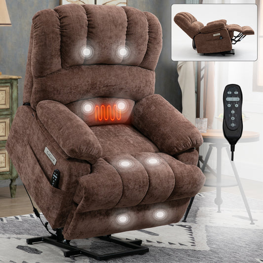 23' Seat Width and High Back Large Size Chenille Power Lift Recliner Chair with 8-Point Vibration Massage and Lumbar Heating, Brown