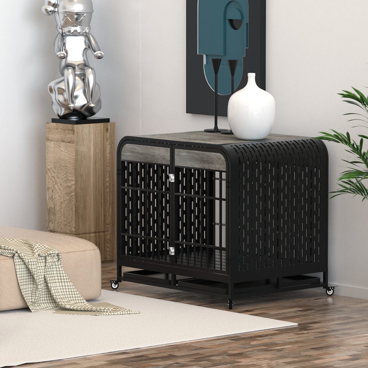 Heavy Duty Dog Crate Furniture Wooden Table Pet Dog Cage Kennel House Indoor Side End Table Decor with Removable Trays and Lockable Wheels for Medium and Large Dogs 42" Grey