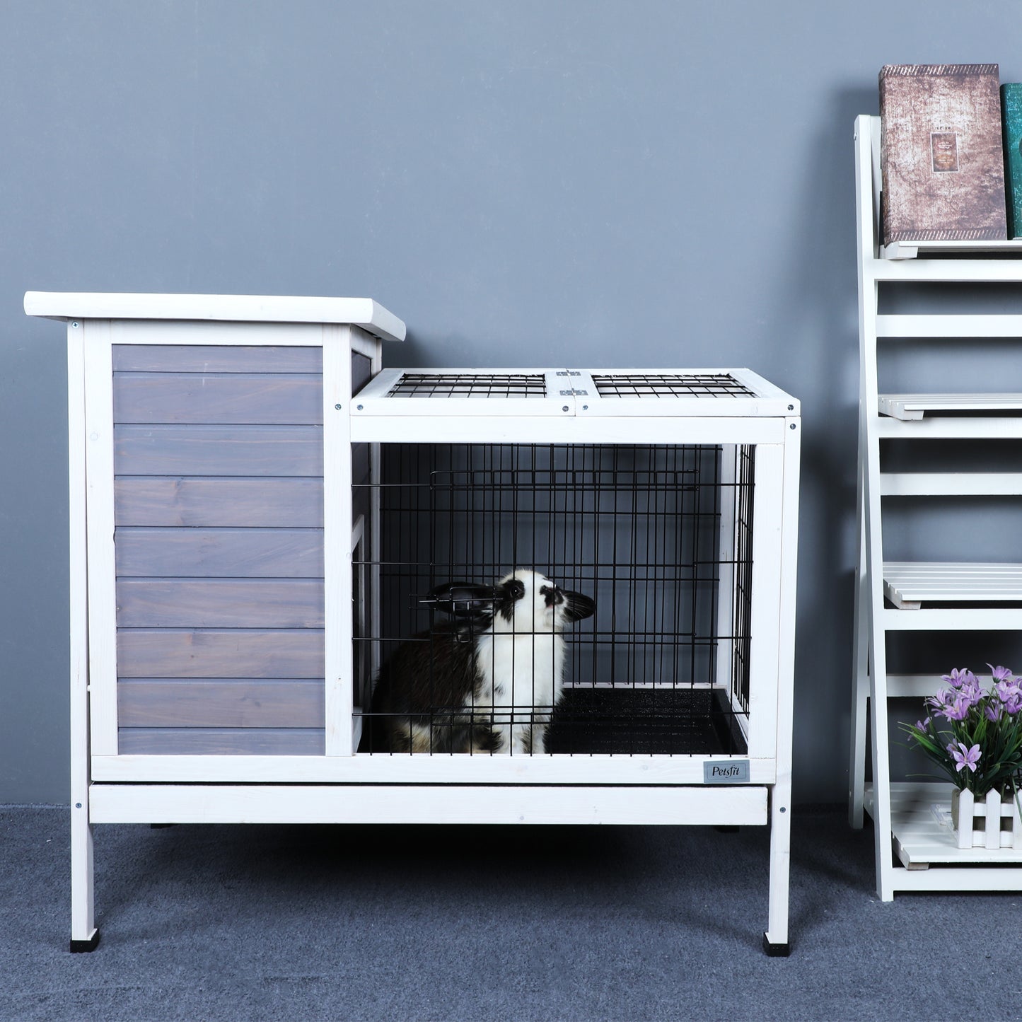 Two-Tier Wooden  Rabbit Cage Outdoor Indoor for Small Animals with Runway and Leak-Proof Plastic Tray,Grey