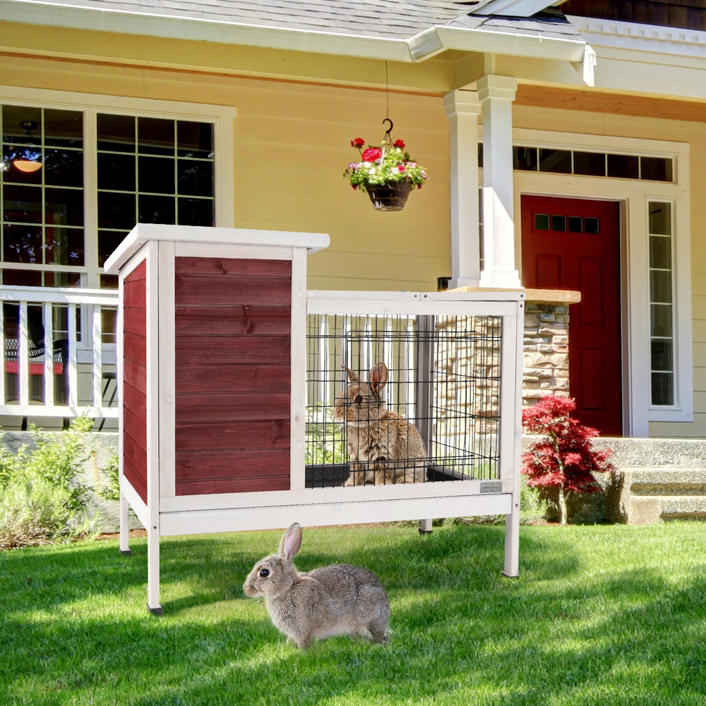 Two-Tier Wooden Indoor/Outdoor Rabbit Cage for Small Animals with Runway and Leak-Proof Plastic Tray,Red