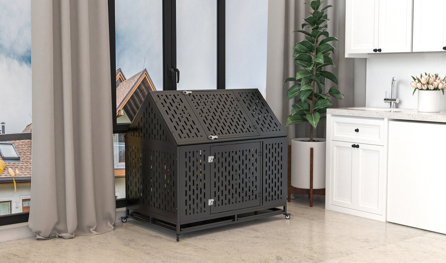 45" Heavy Duty Dog Crate Indestructible Pet Dog Cage Crate Kennel with Roof Top 2 Doors Removable Trays, Lockable Wheels, Escape-Proof for High Anxiety Large/Extra Dogs