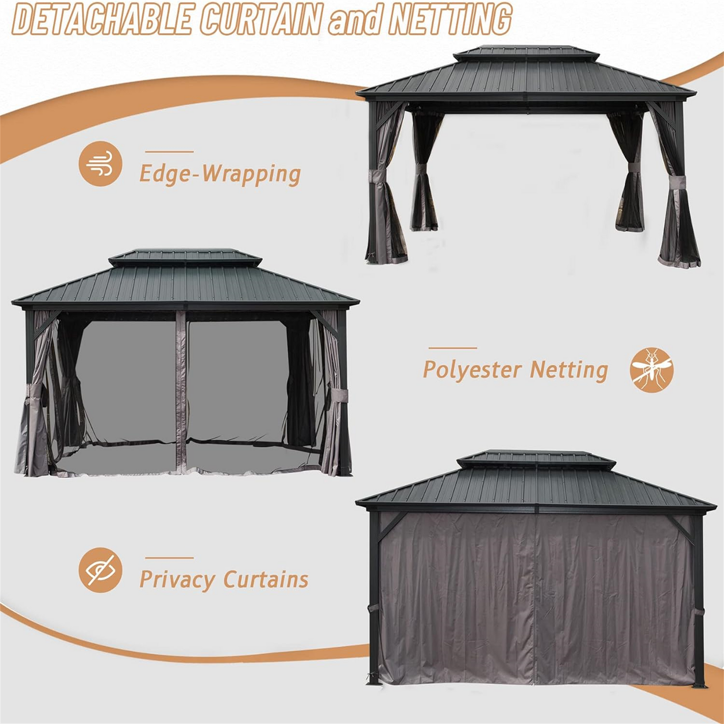 [SantaChoice] 10' X 12' Hardtop Gazebo, Aluminum Metal Gazebo with Galvanized Steel Double Roof Canopy, Curtain and Netting, Permanent Gazebo Pavilion for Patio, Backyard, Deck, Lawn