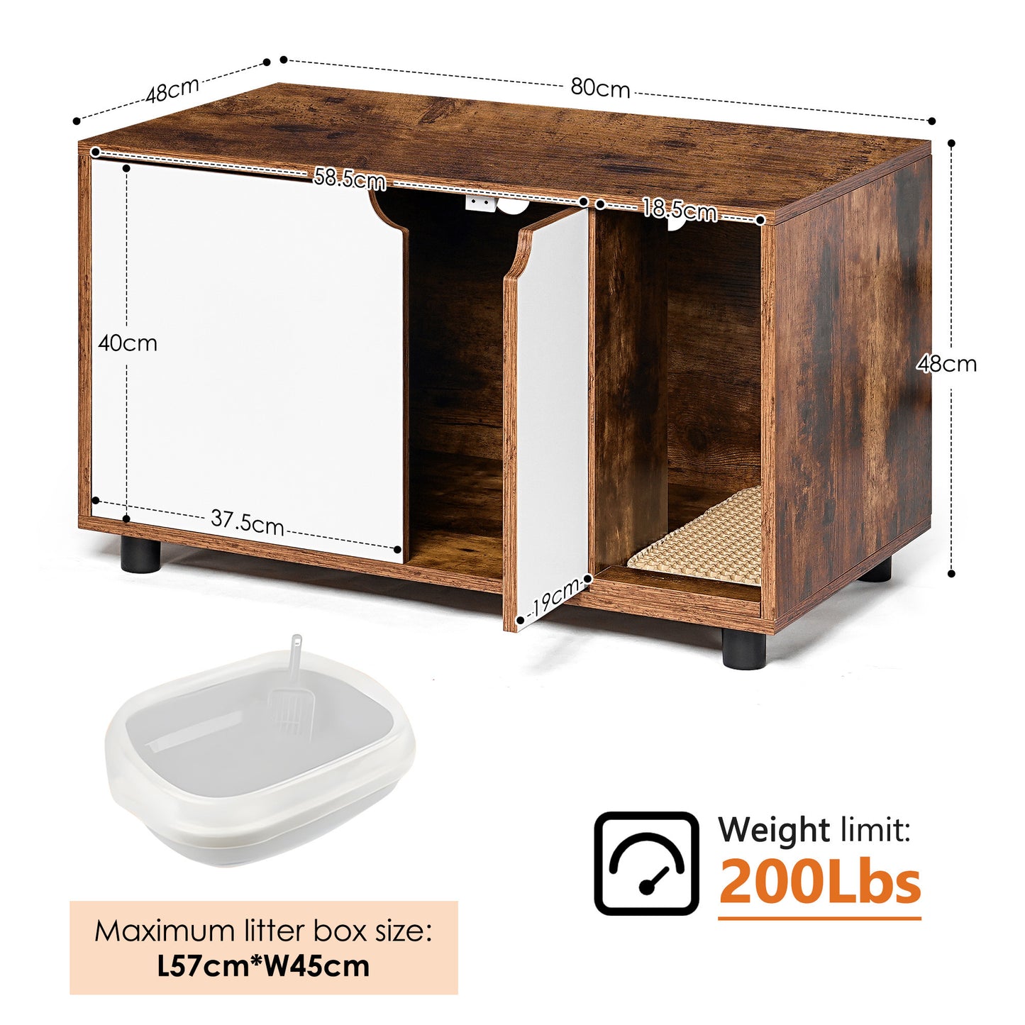 Cat Litter Box Enclosure, Hidden Cat Washroom, Kitty End Table, Furniture Style with Double Doors,White+Vintage