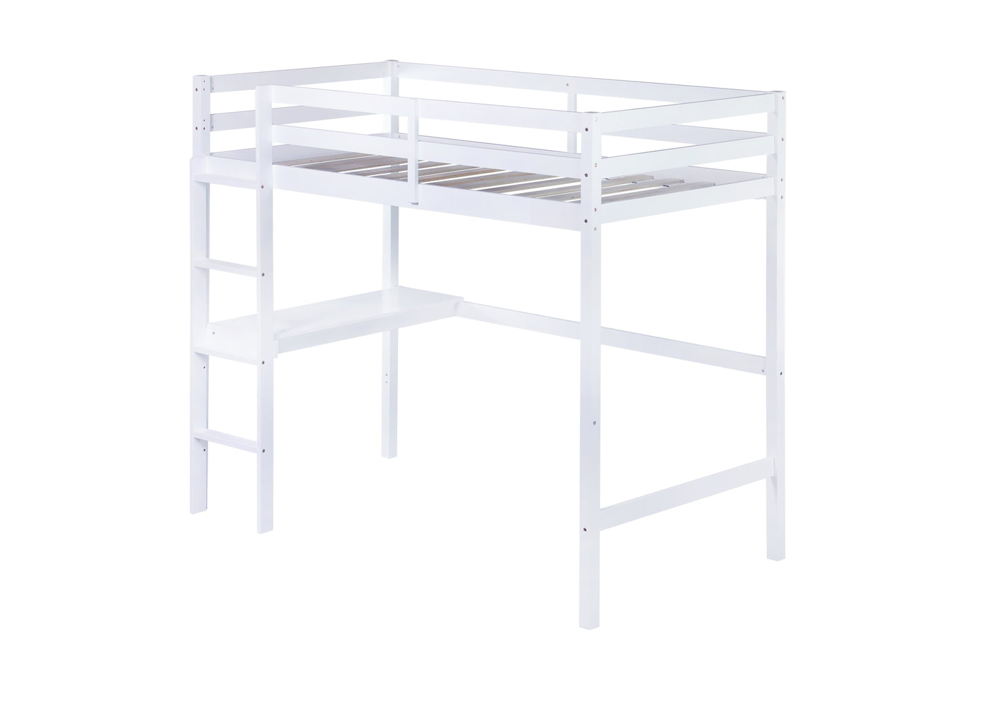 Twin High Loft Bed, Rubber Wood  Loft Bed with Safety Guardrail, built-in desk, ladder,White