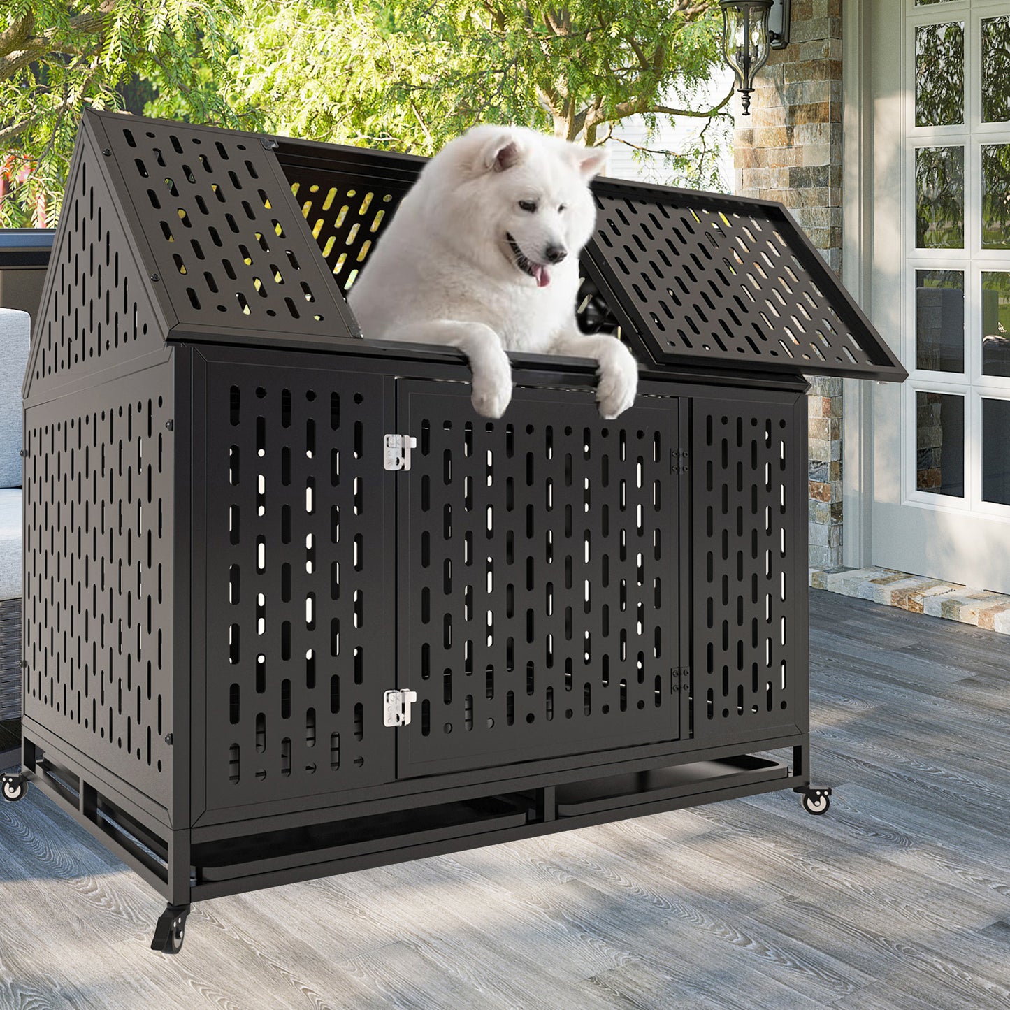 45" Heavy Duty Dog Crate Indestructible Pet Dog Cage Crate Kennel with Roof Top 2 Doors Removable Trays, Lockable Wheels, Escape-Proof for High Anxiety Large/Extra Dogs