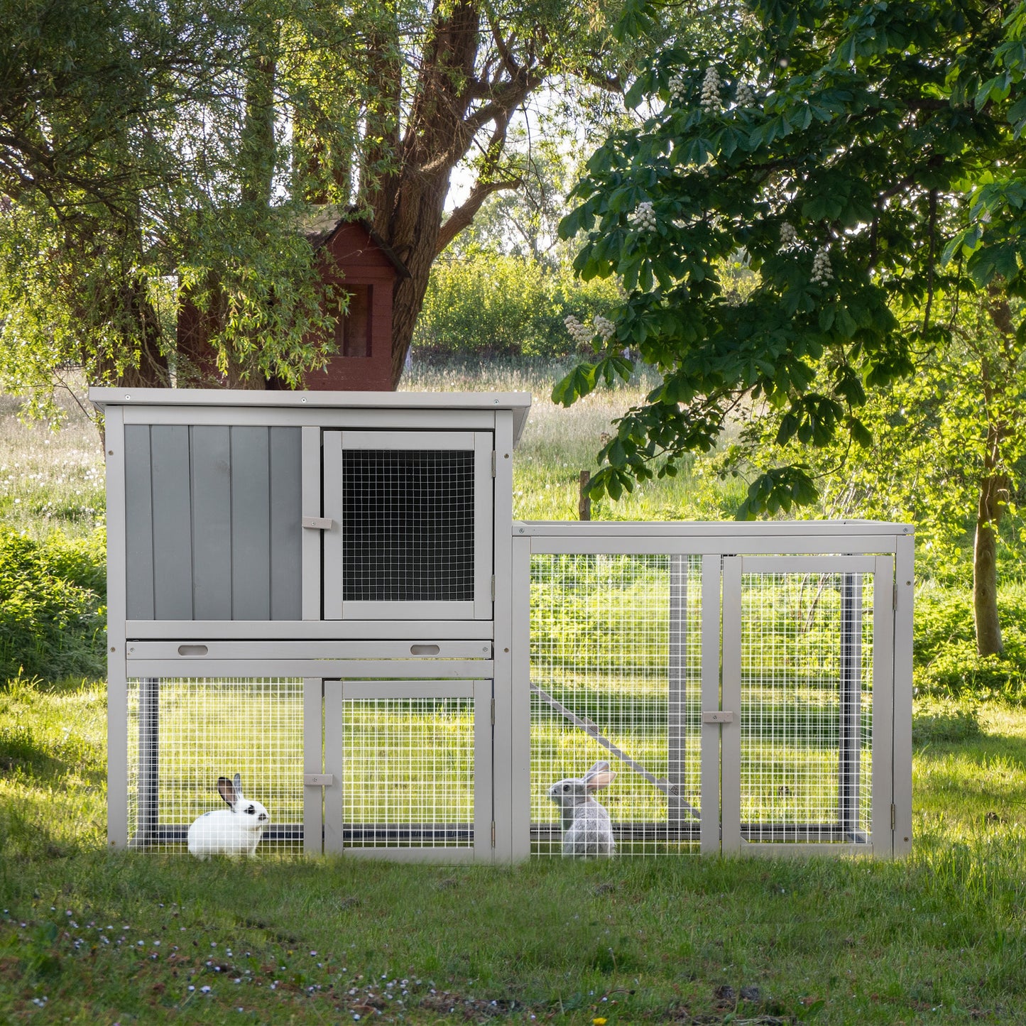 Wooden Rabbit Hutch Chicken Coop with 1 Removable Tray and 3 Lockable Doors for Indoor and Outdoor Use, Gray+White