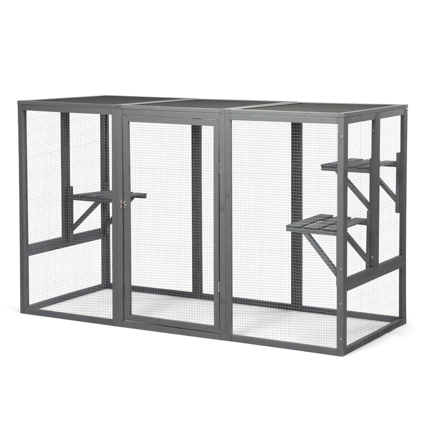 Spacious wooden cat cage with waterproof roof with adjustable pedals suitable - gray black