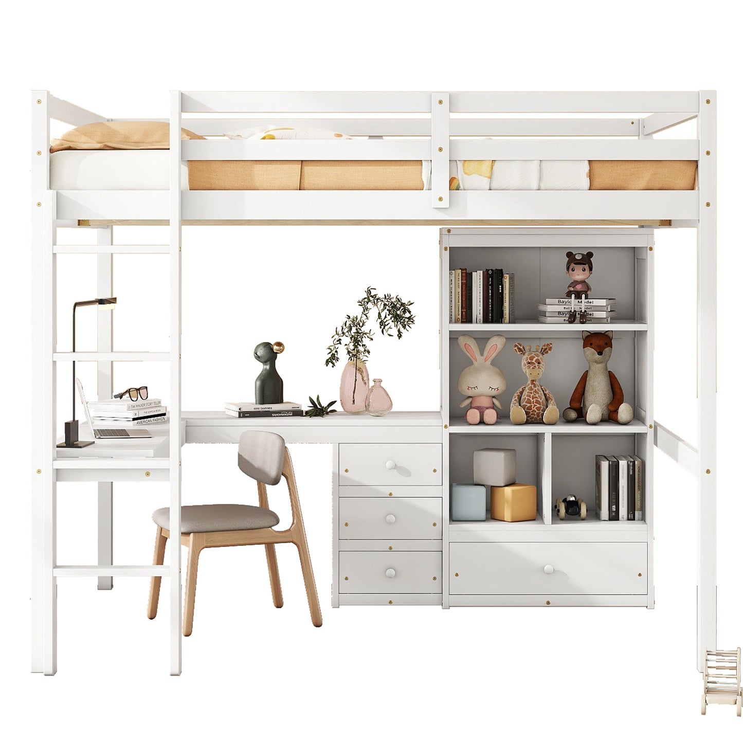 Full Size Loft Wood Bed with Desk, Storage shelves and Drawers, Built-in Ladder, High Loft Bed with Desk, Storage Shelves and Drawers,Guardrails,White