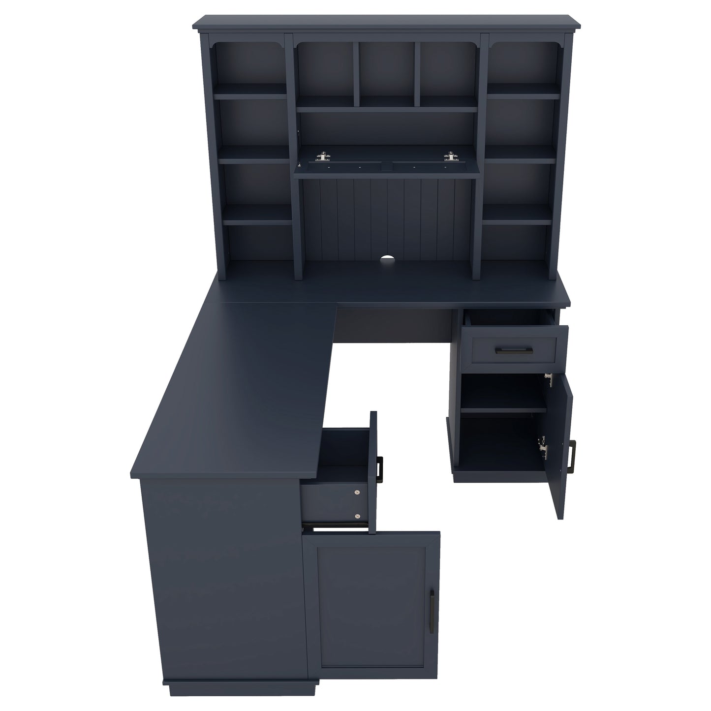 L-shaped computer desk with 2 cabinets and 2 drawers underneath the table, 11 open shelves and a flip-up shelf with storage on the right side, suitable for study, living room and office, Antique Blue