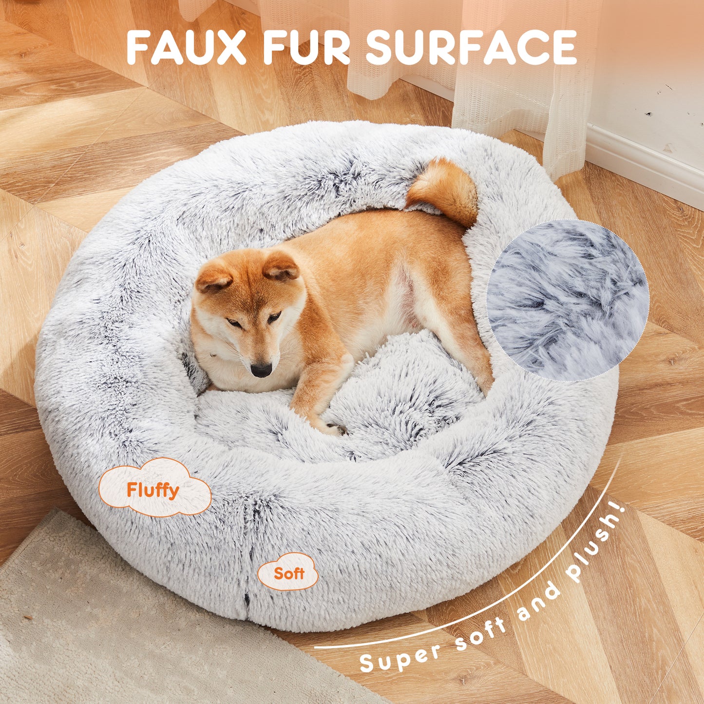 Anti-Slip Round Fluffy Plush Faux Fur Cat Bed, Small  gray