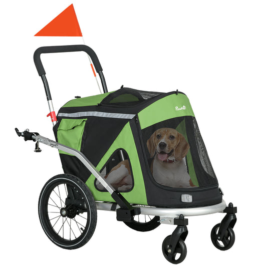 Aosom 2 in 1 Bike Trailer, Foldable Dog Bike Stroller with Aluminum Frame, Quick Release Wheels, Safety Leash, Anti-Slip Mat, Hitch Coupler, Reflectors, Flag for Medium Dogs, Green